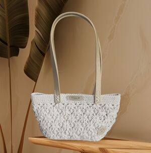 Handmade Crochet Tote Bag • 100% Cotton • Floral Motif Mini Shoulder Bag • Beige